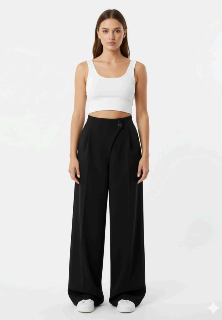 Womens Black Pleated Pants With Waistband Detail