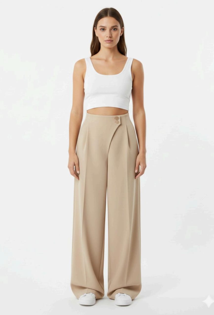 Womens Beige Pleated Pants With Waistband Detail