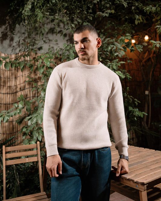 Beige Round Knitted Pullover