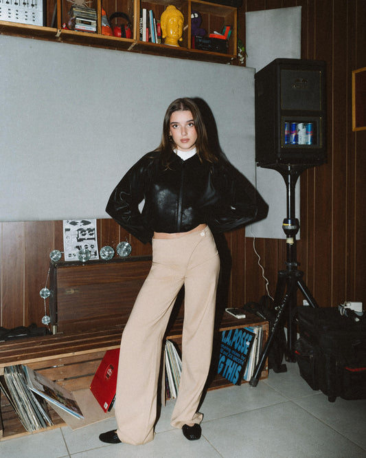 Womens Beige Cross-Waist Pleated Pants