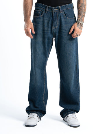 Dark Blue Wash Wide-Leg Denim Pants