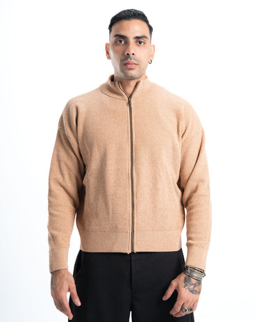 Beige Full Zip Knitted Pullover