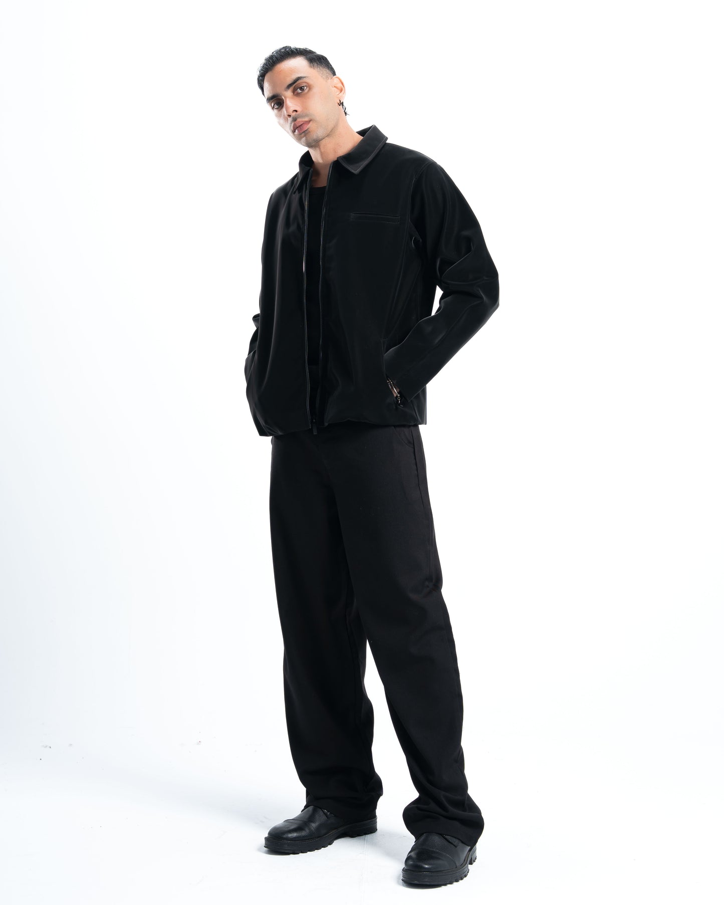 Black Collar Black Leather Jacket