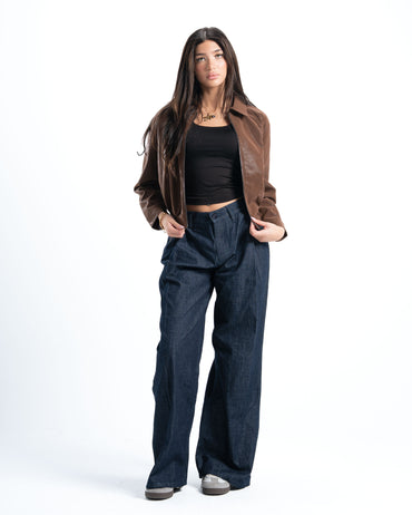 Womens Elastic Hem Brown Leather Jacket