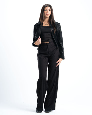 Womens Elastic Hem Black Leather Jacket