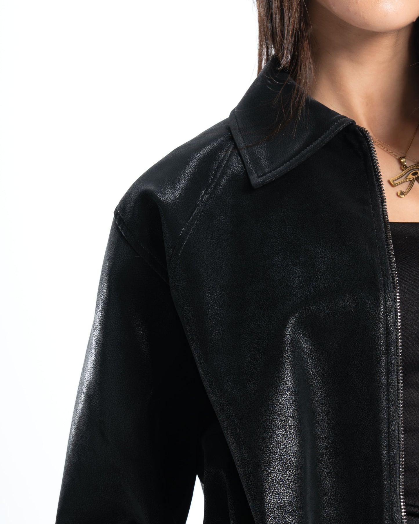 Womens Elastic Hem Black Leather Jacket