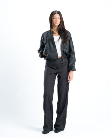 Black Round Neck Leather Jacket