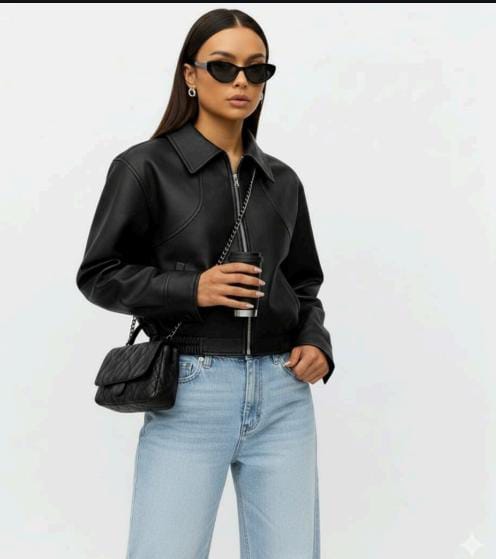 Black Boxy Leather Jacket with Collar