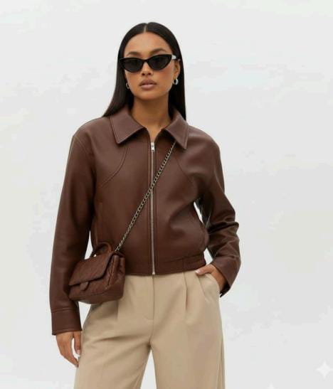Brown Boxy Leather Jacket with Collar