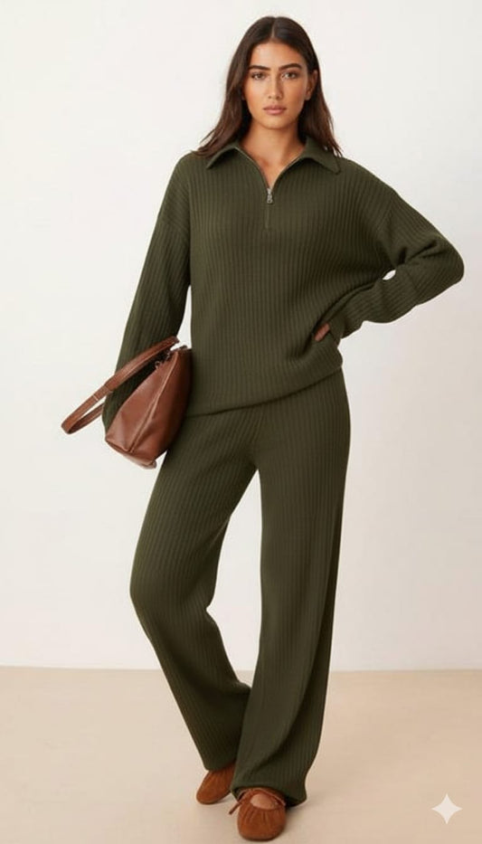Womens Olive Green Ribbed Jacquard Sweetshirt