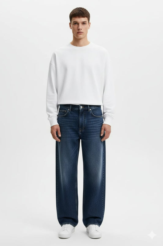 Dark Blue Diry White Wash Wideleg Demin Pants