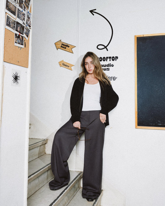 Womens Grey Pleated Wide-leg Pants