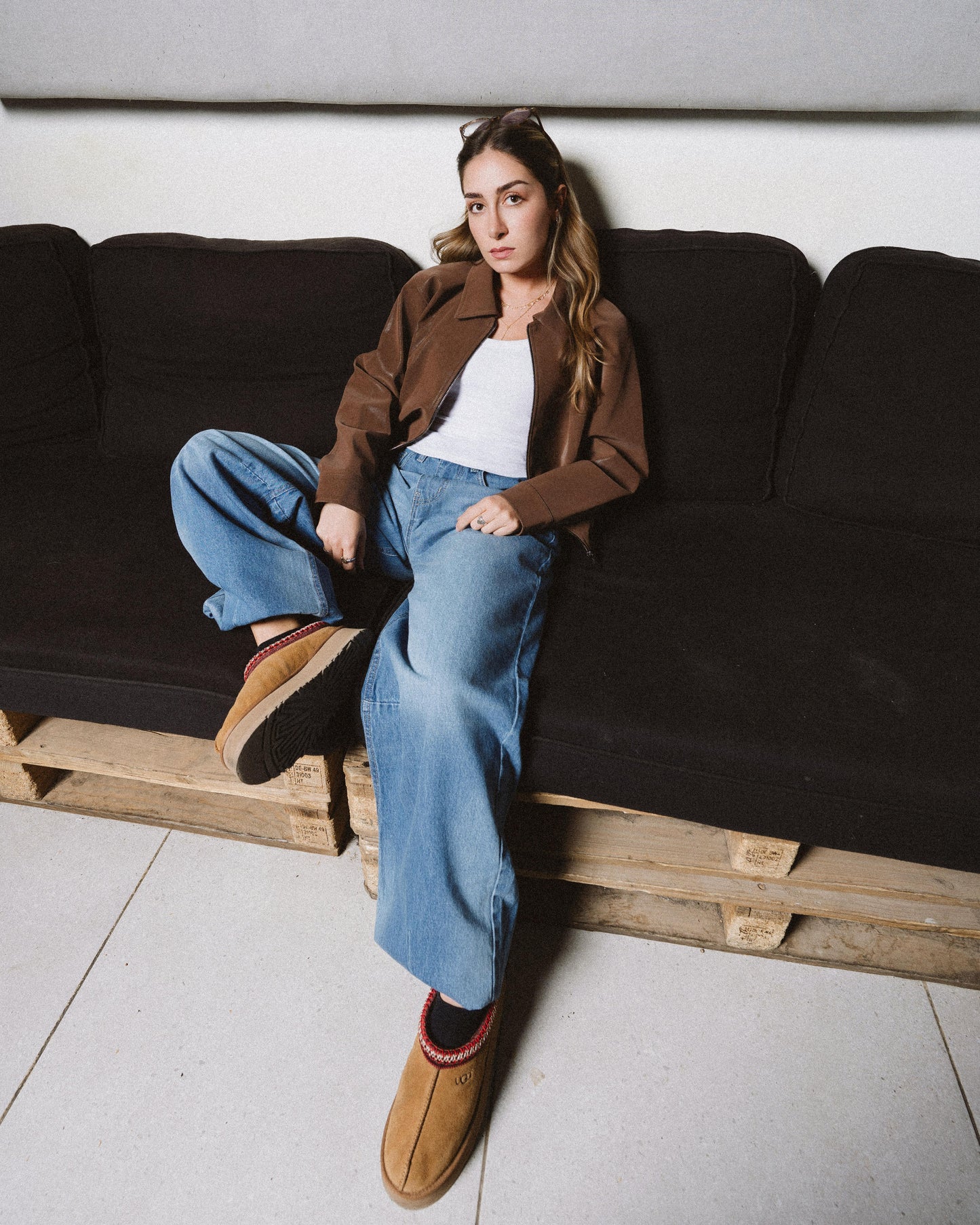 Womens Elastic Hem Brown Leather Jacket