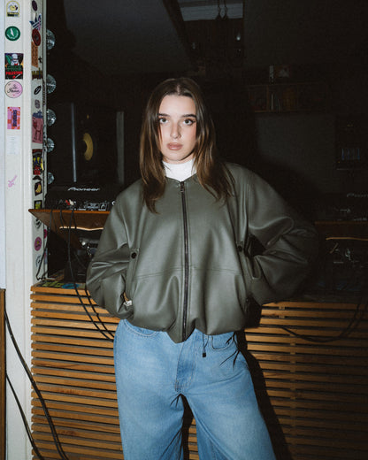 Olive Green Round Neck Leather Jacket