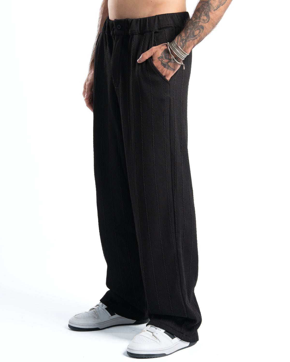 Black Wide-Leg Pinstripe Pants