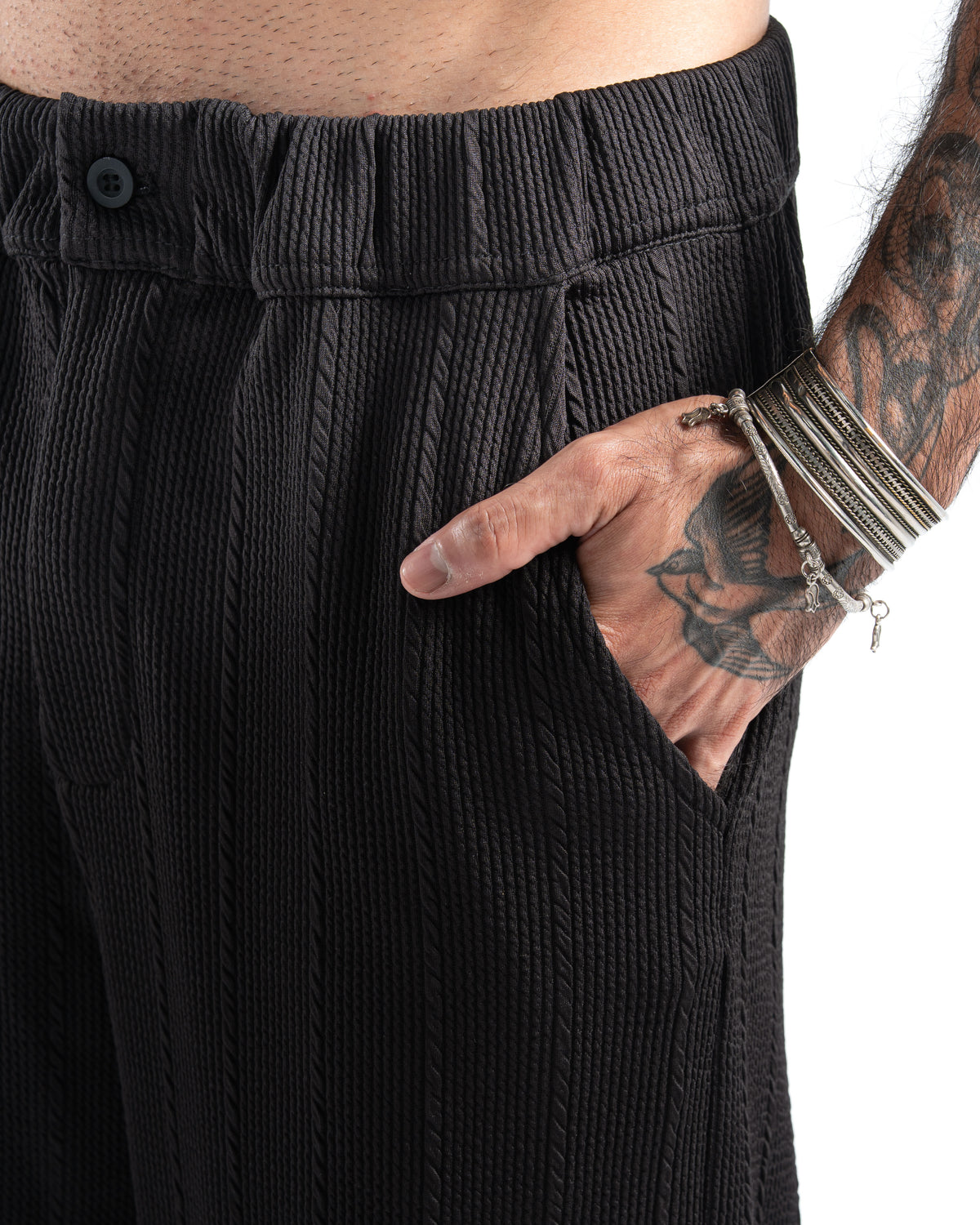 Black Wide-Leg Pinstripe Pants