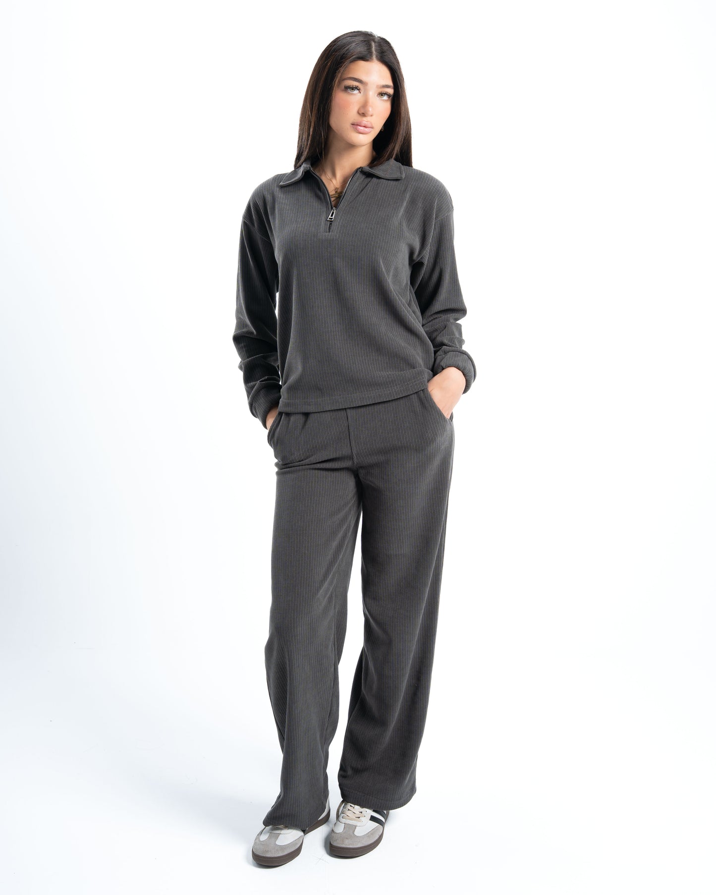 Womens Grey Ribbed Jacquard Sweatshirt
