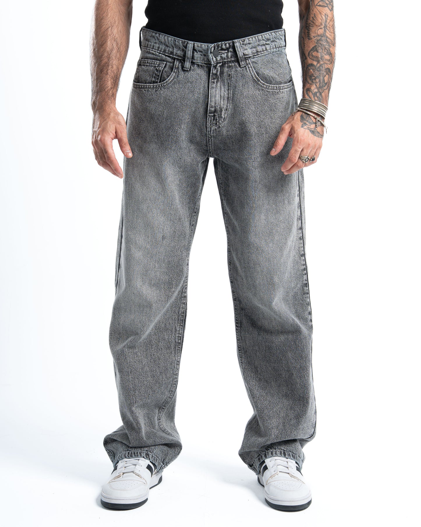 Silver Grey Wash Wide-Leg Denim Pants