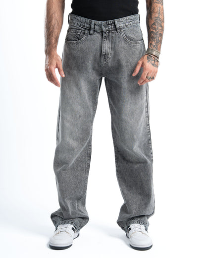 Silver Grey Wash Wide-Leg Denim Pants