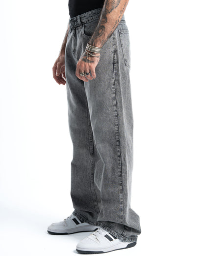 Silver Grey Wash Wide-Leg Denim Pants
