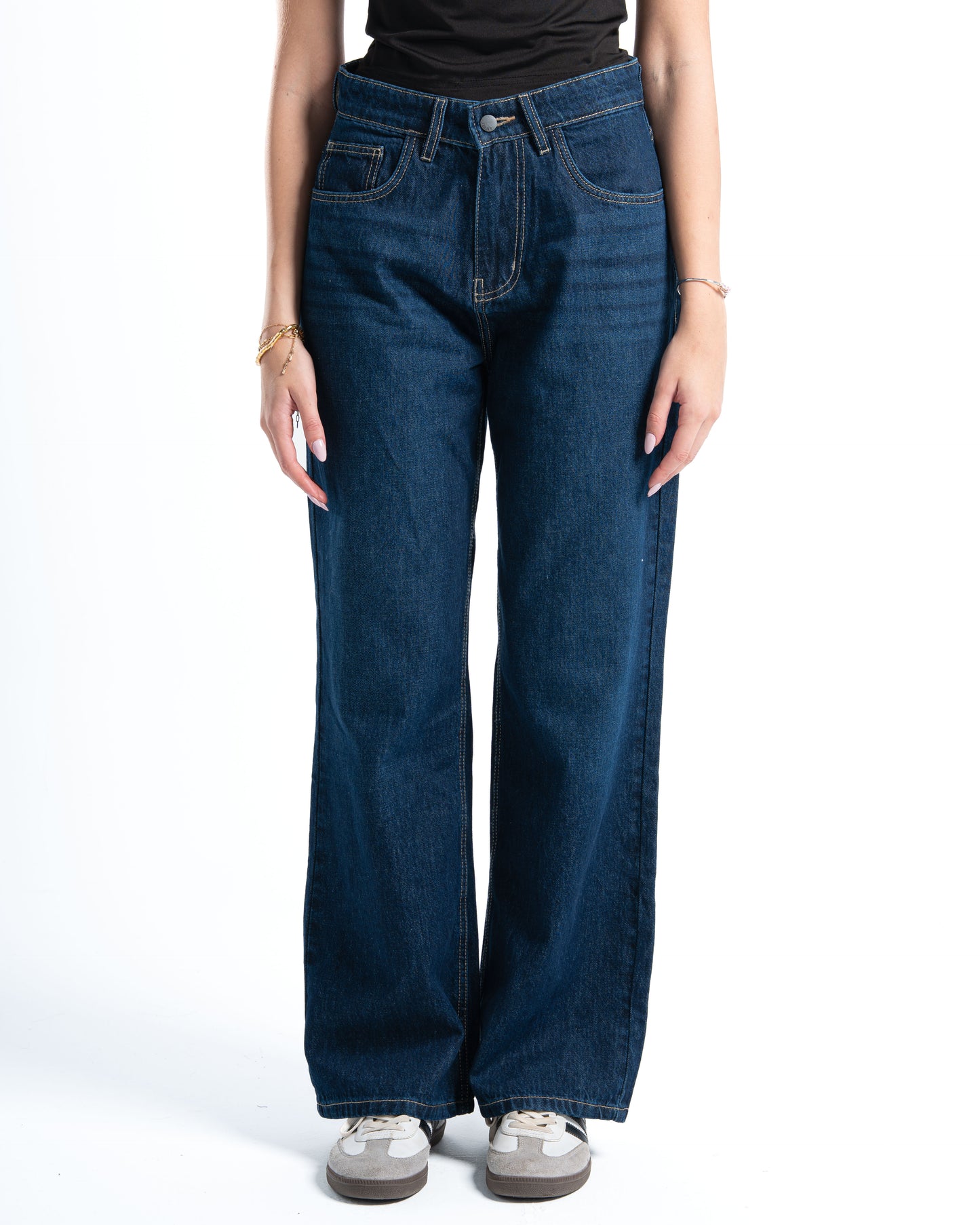Dark Blue Wash Wide-Leg Denim Pants
