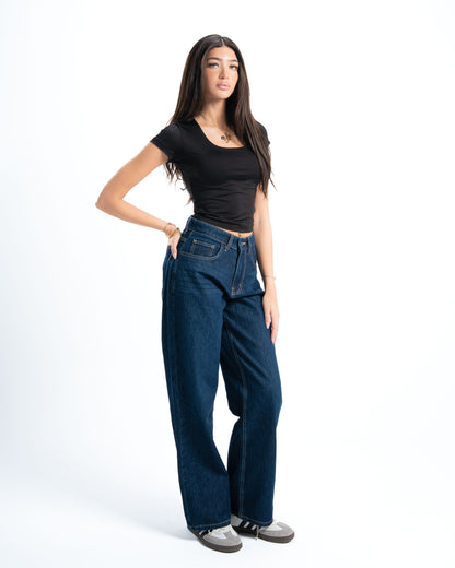 Dark Blue Wash Wide-Leg Denim Pants
