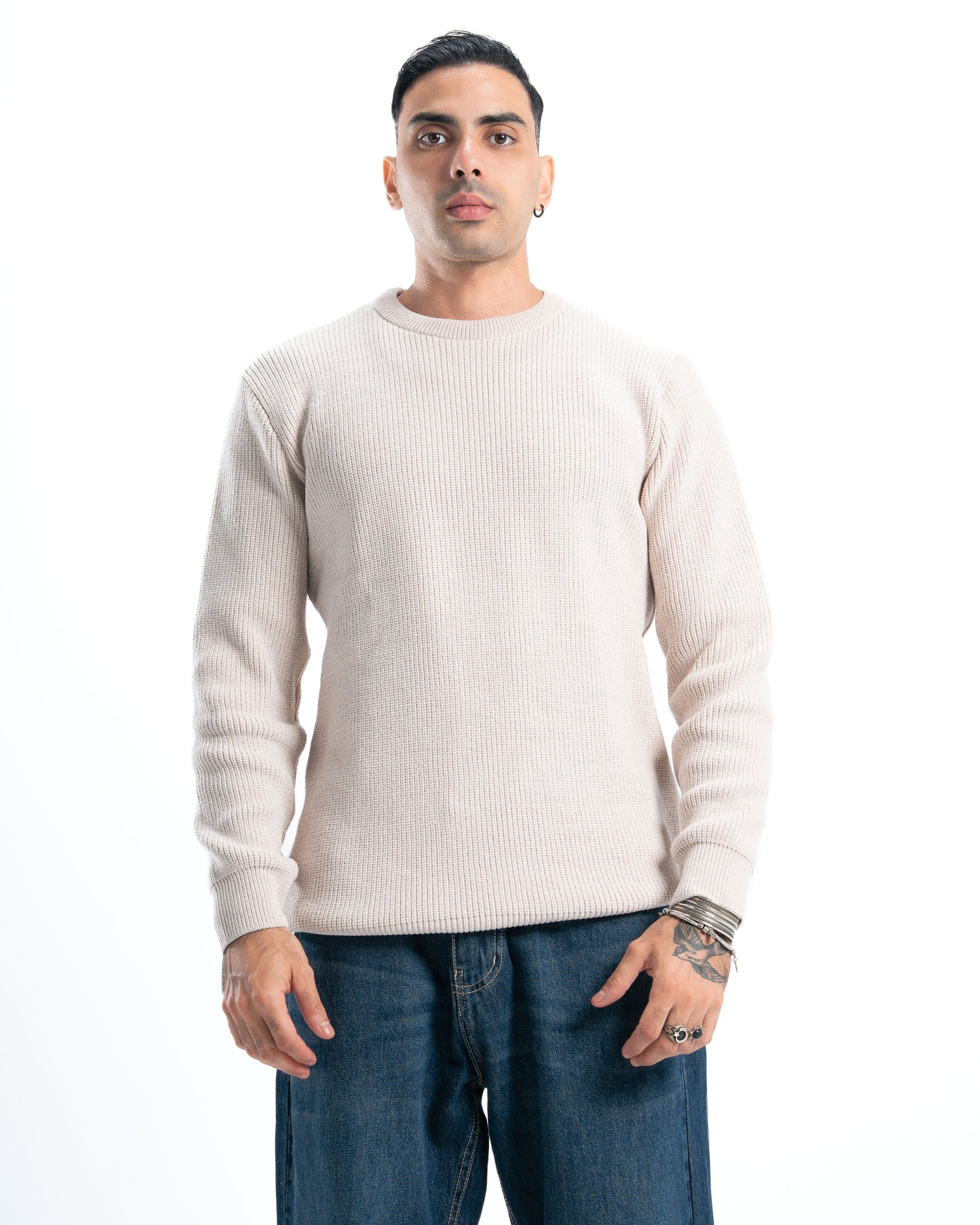Beige Round Knitted Pullover