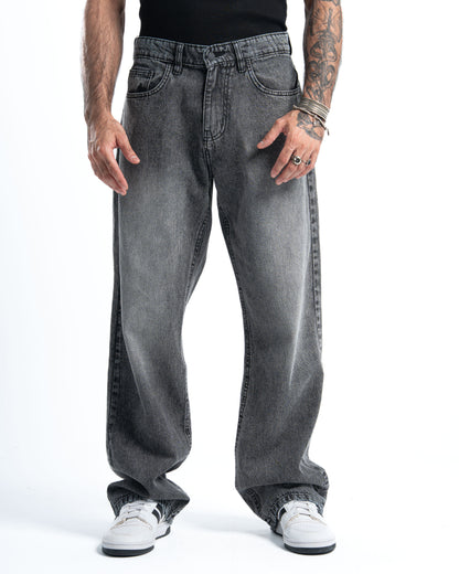 Dark Grey Wash Wide-Leg Denim Pants