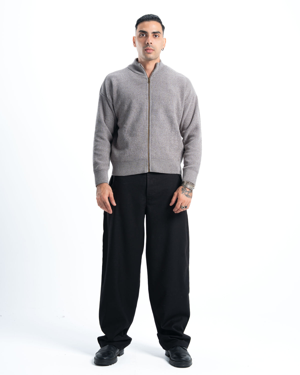 Grey Full Zip Knitted Pullover