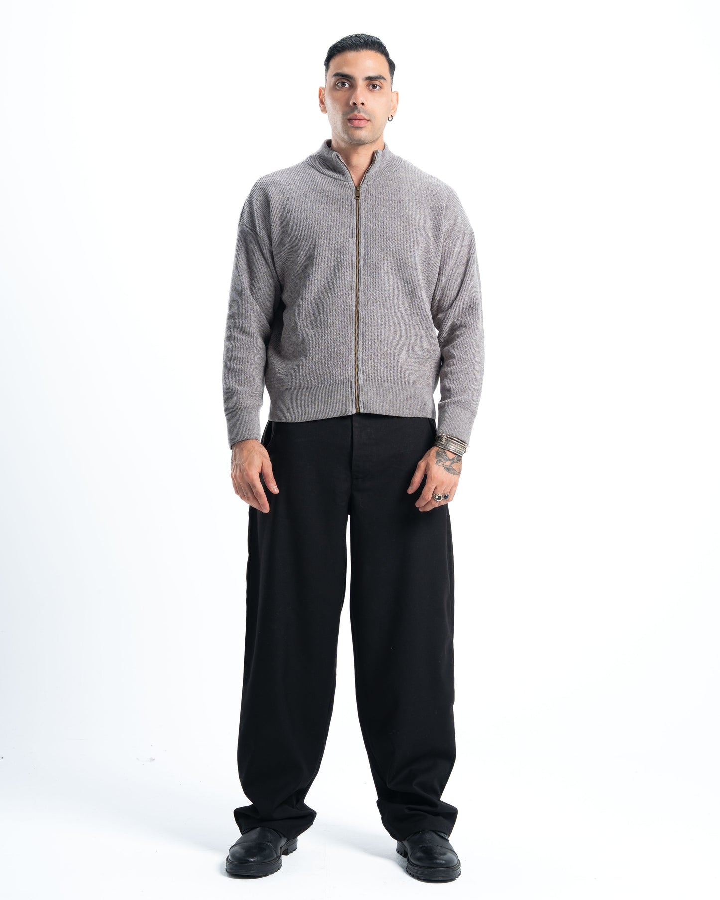 Grey Full Zip Knitted Pullover