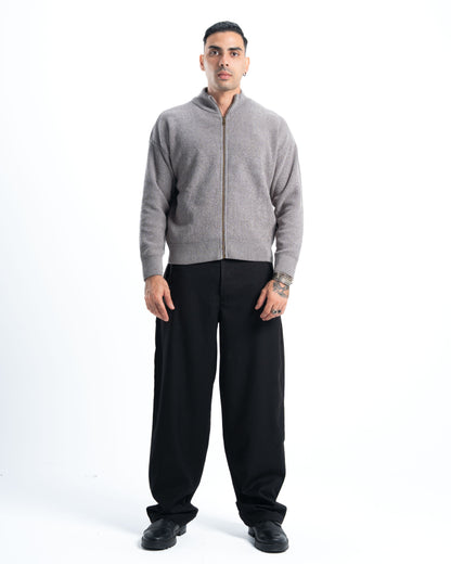 Grey Full Zip Knitted Pullover