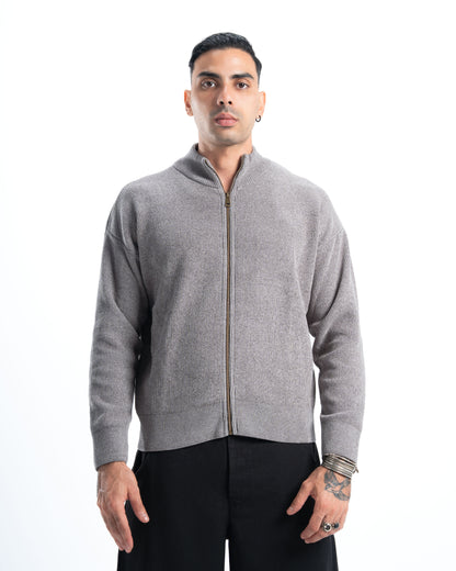Grey Full Zip Knitted Pullover
