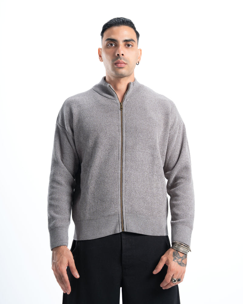 Grey Full Zip Knitted Pullover