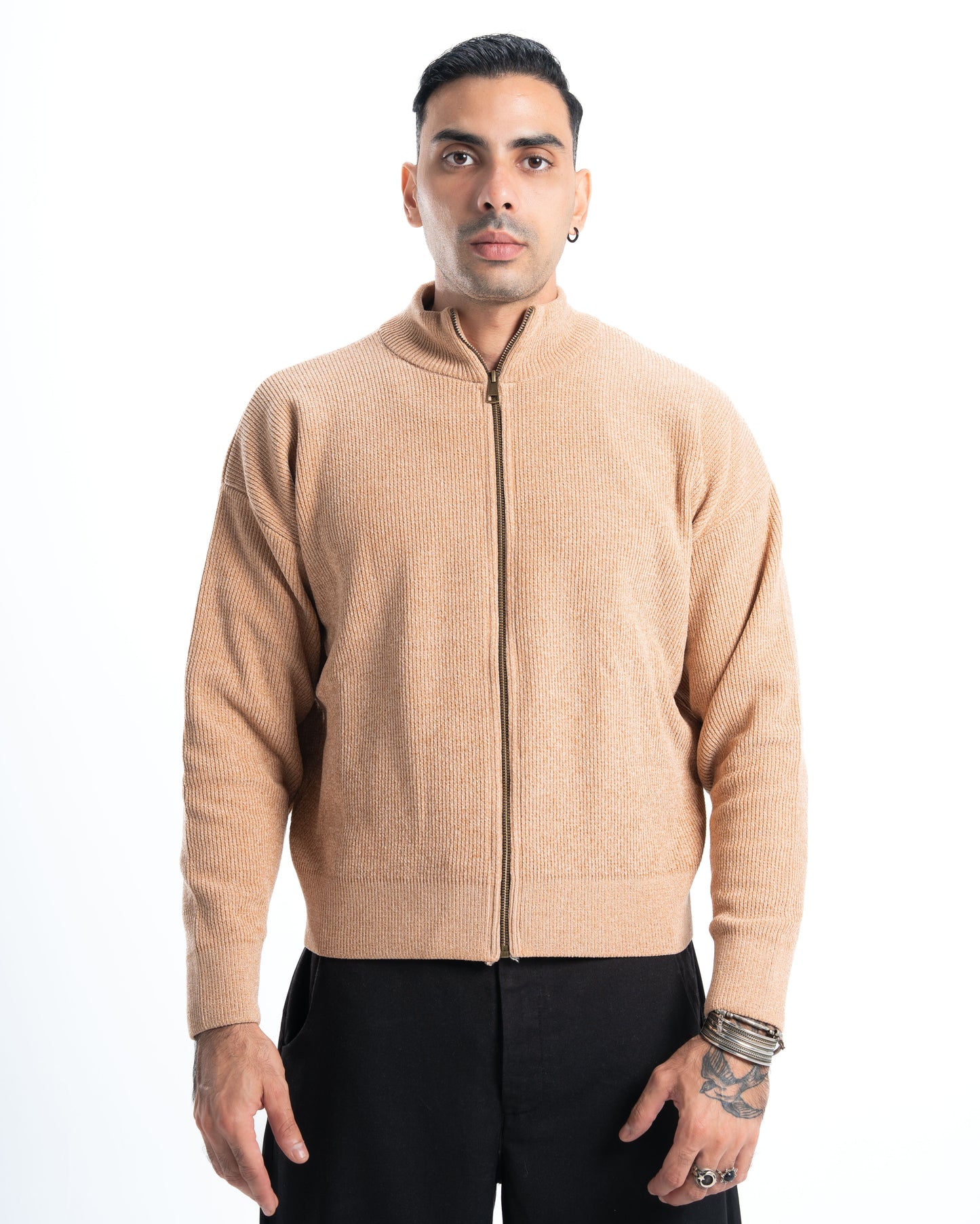 Beige Full Zip Knitted Pullover