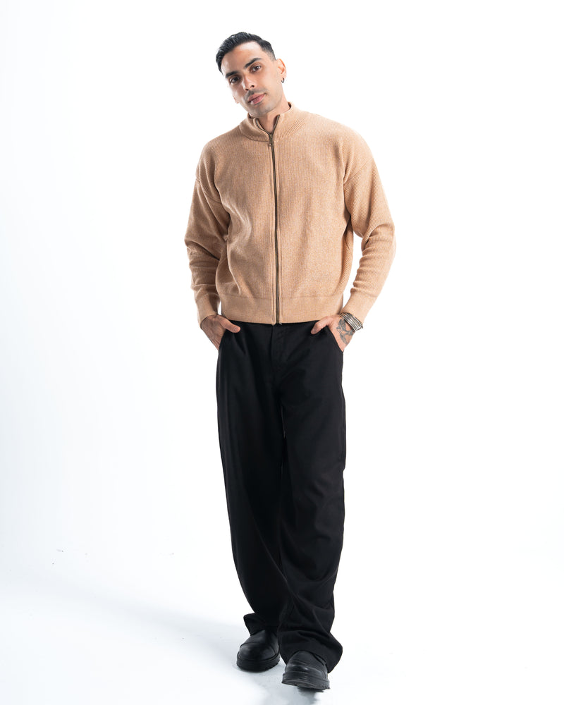 Beige Full Zip Knitted Pullover