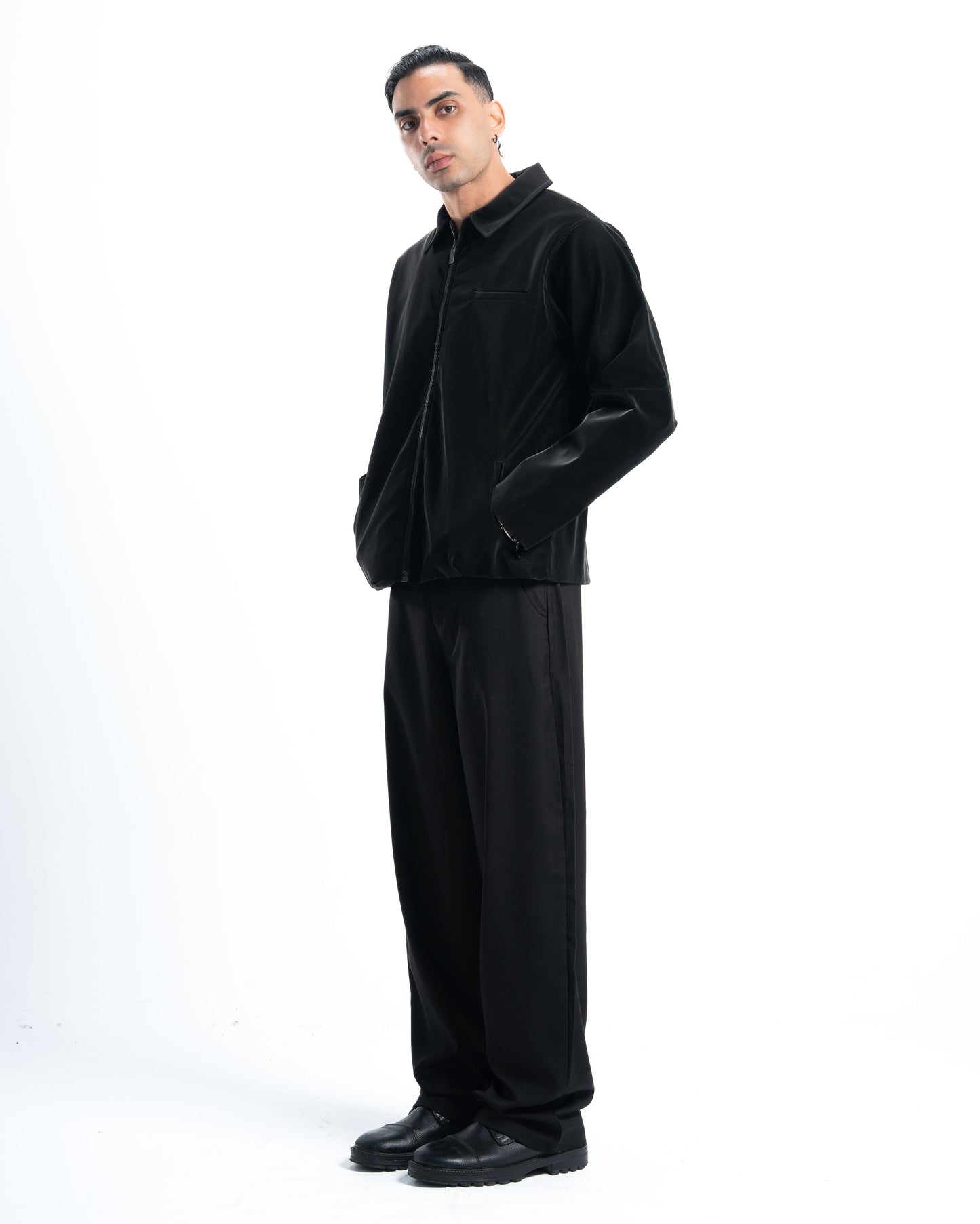 Black Collar Black Leather Jacket