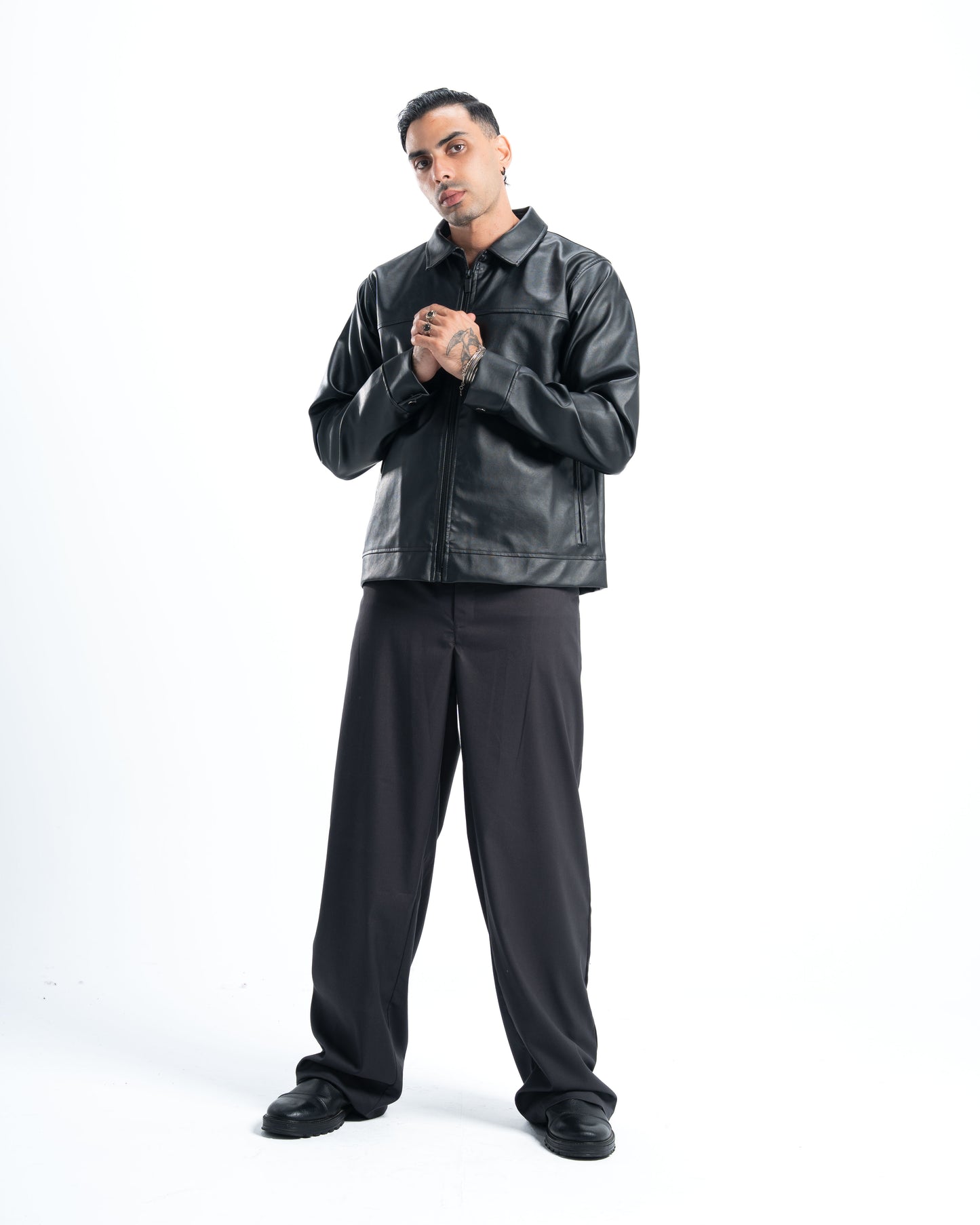Mens Grey Pleated Wide-Leg Pants