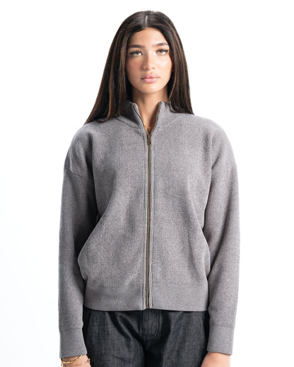 Grey Full Zip Knitted Pullover