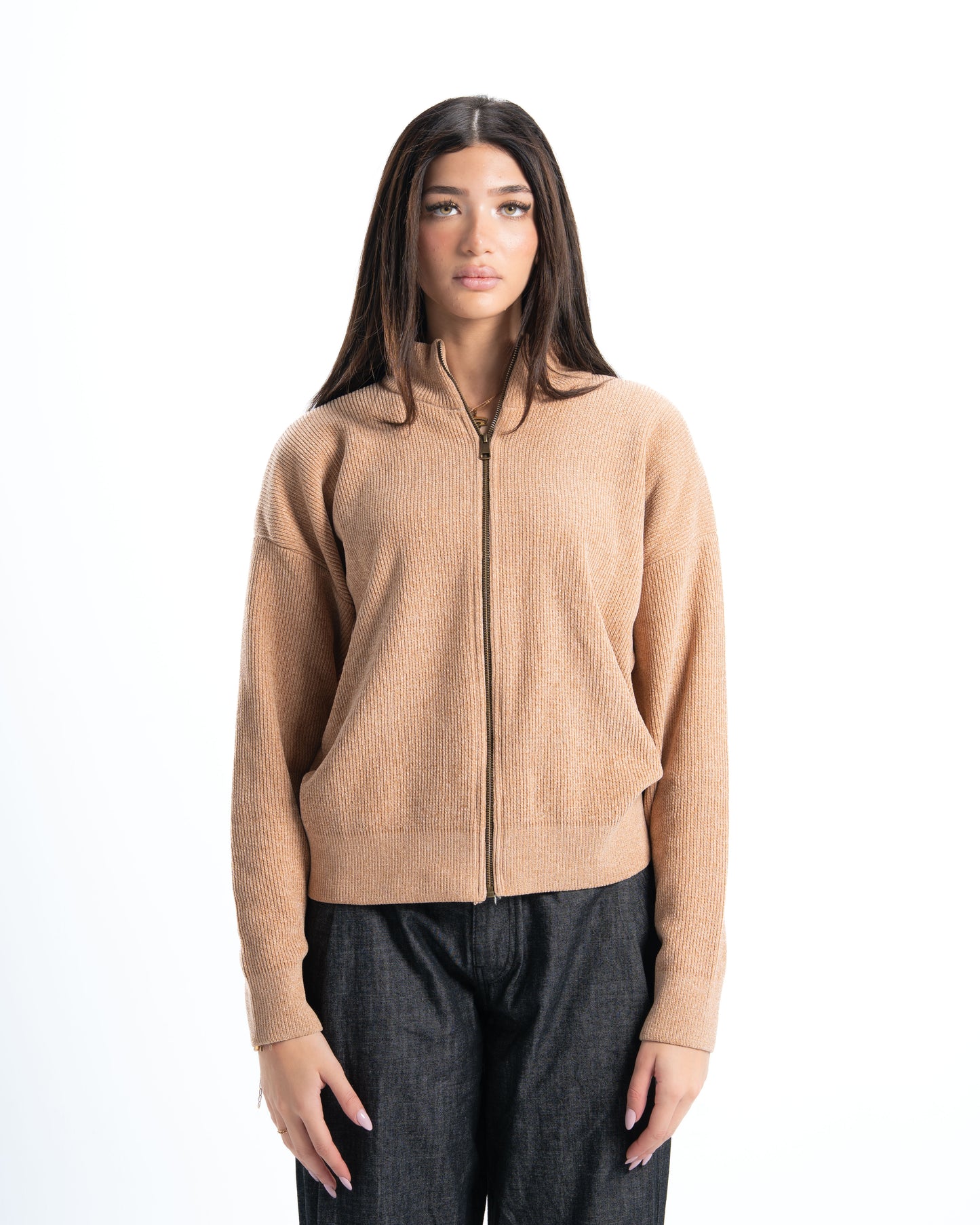 Beige Full Zip Knitted Pullover