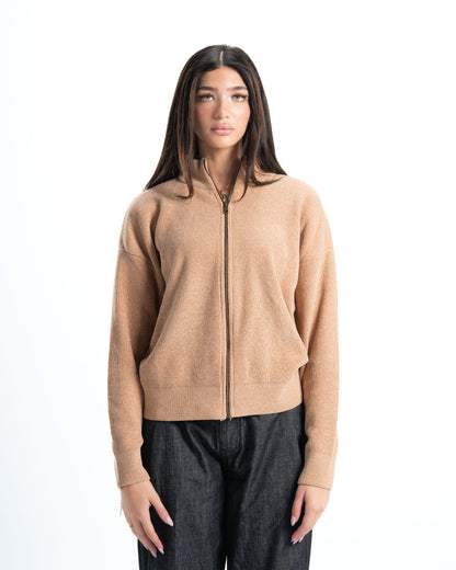 Beige Full Zip Knitted Pullover