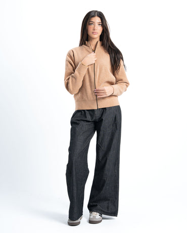 Beige Full Zip Knitted Pullover