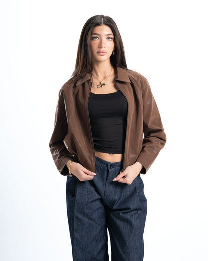 Womens Elastic Hem Brown Leather Jacket