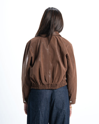 Womens Elastic Hem Brown Leather Jacket