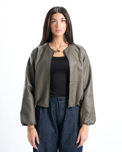 Olive Green Round Neck Leather Jacket