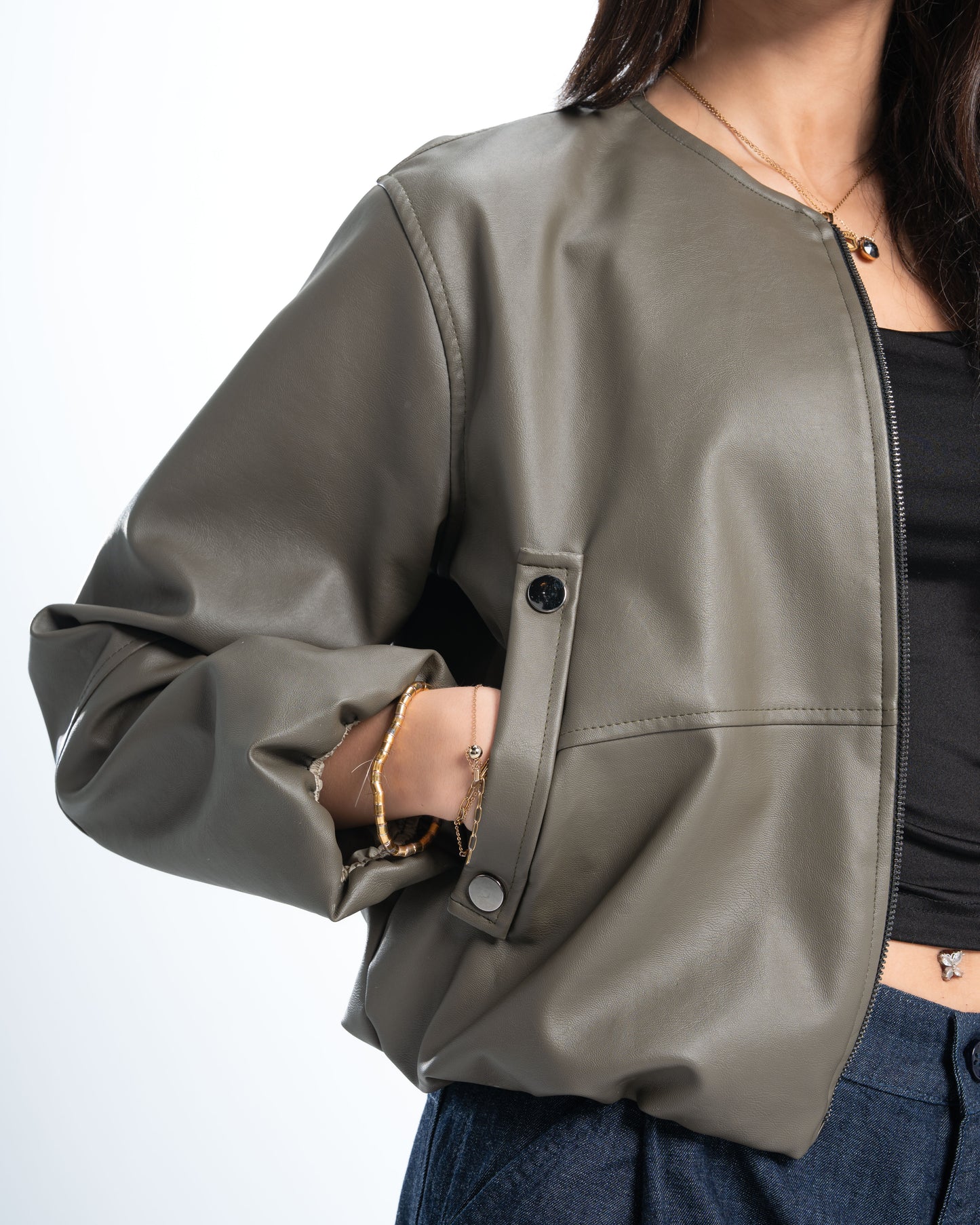 Olive Green Round Neck Leather Jacket