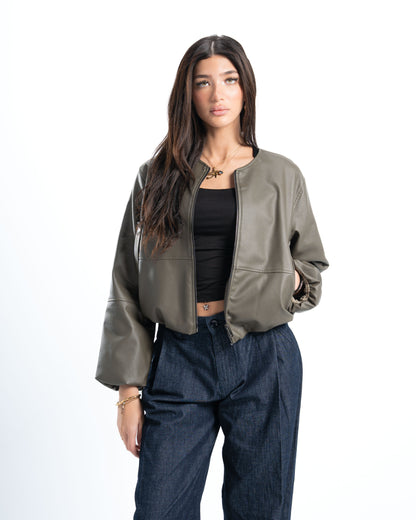 Olive Green Round Neck Leather Jacket