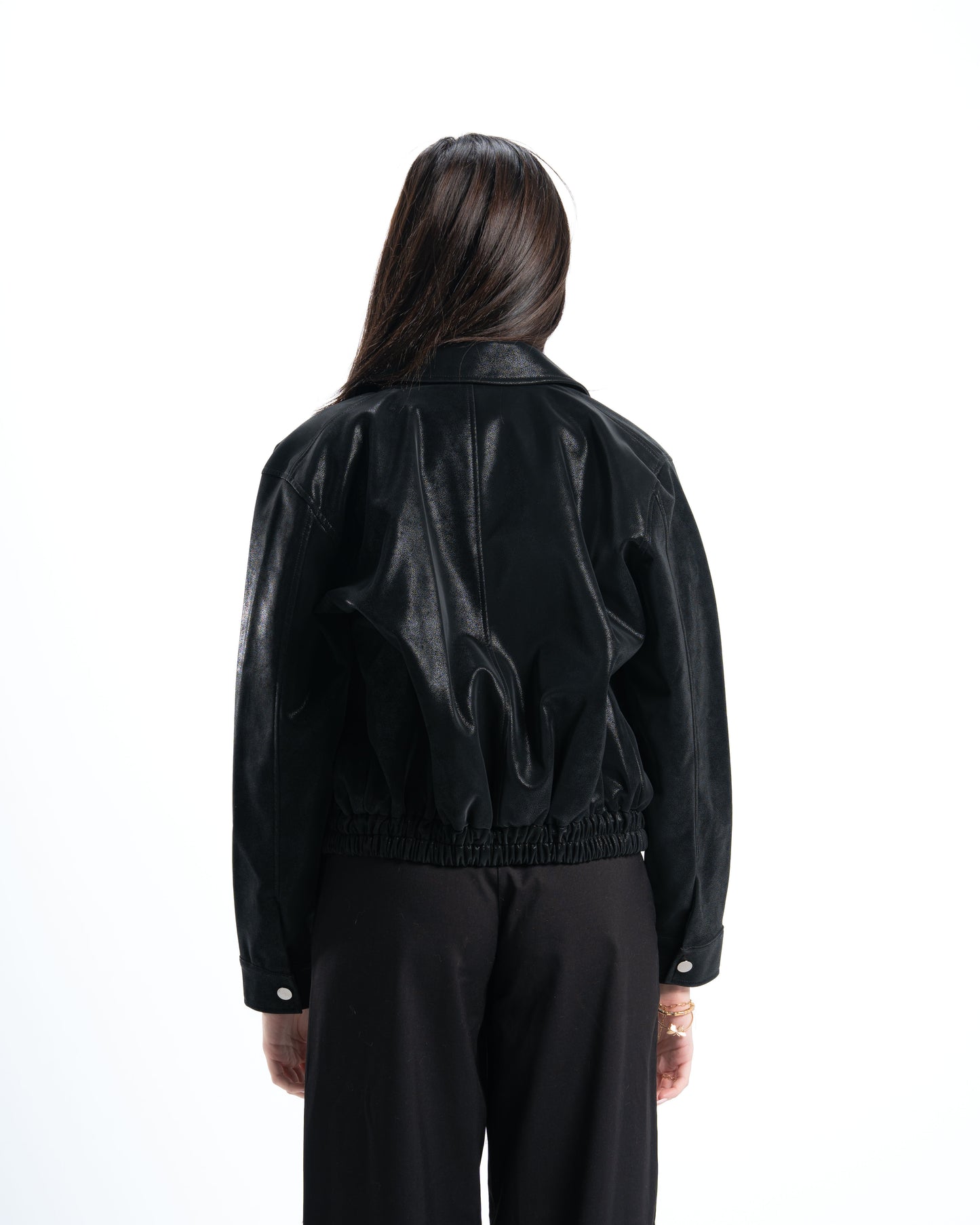 Womens Elastic Hem Black Leather Jacket