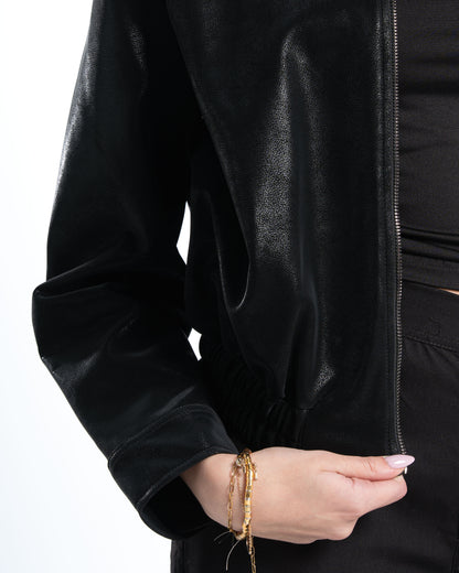Womens Elastic Hem Black Leather Jacket