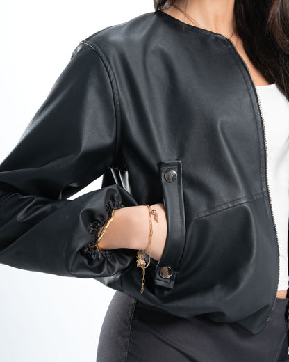 Black Round Neck Leather Jacket