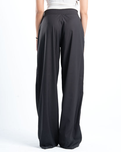 Womens Grey Pleated Wide-leg Pants